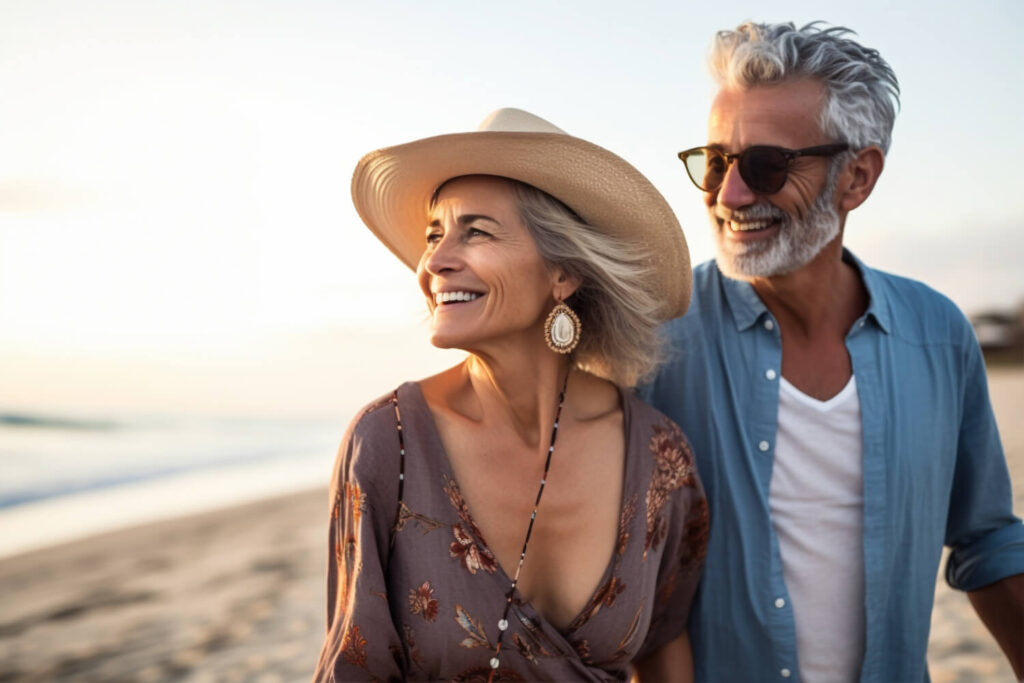 Casal sênior sorrindo na praia, demonstrando a durabilidade de implantes dentários no Catete com dentes fixos e naturais.