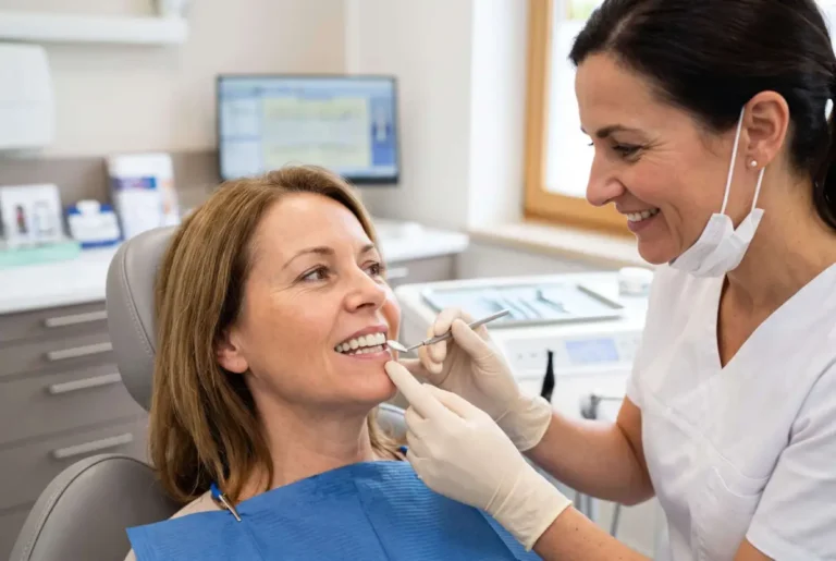 Dentista sorrindo enquanto examina os dentes de uma paciente feliz. Reparo estético e funcional do sorriso no Catete, RJ.